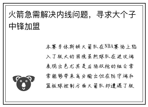 火箭急需解决内线问题，寻求大个子中锋加盟